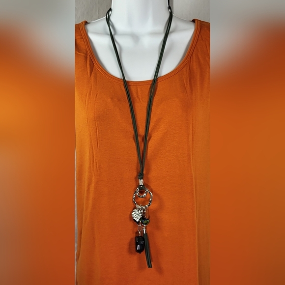 CATO Forest Green and Silver Tassel Charm Drop Necklace - Picture 2 of 5